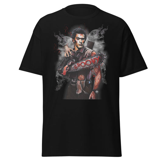 Ash Williams "Groovy" T-Shirt - Chainsaw-Wielding Heroic Style - thenightmareinc