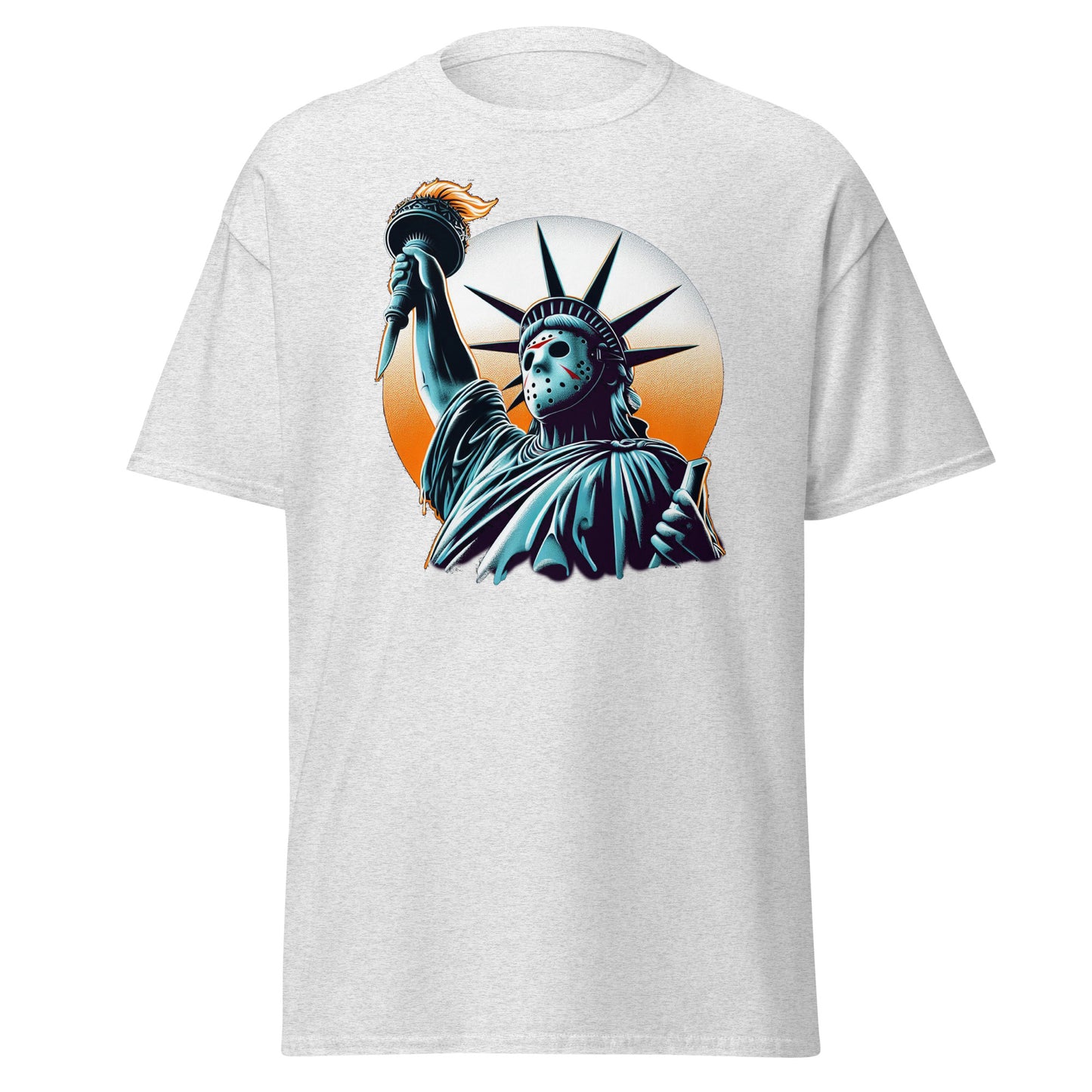 Embrace the Horror with Our Jason Voorhees Statue of Liberty T-Shirt!