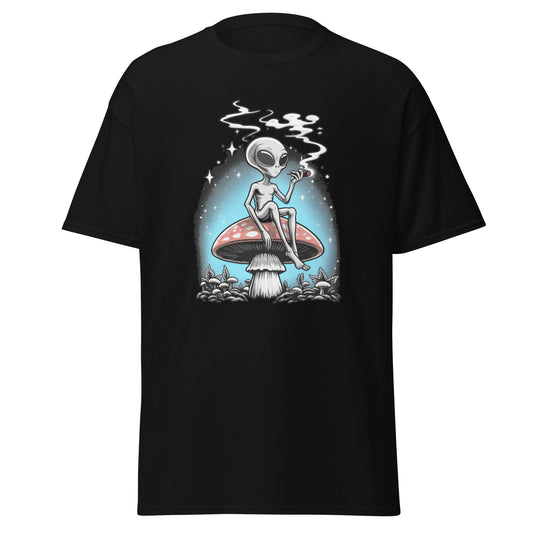 Alien on Mushroom T-Shirt - Cosmic Extraterrestrial Design