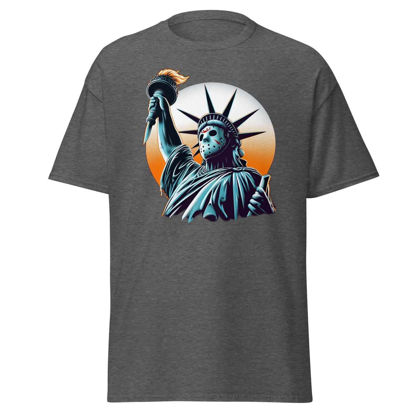 Embrace the Horror with Our Jason Voorhees Statue of Liberty T-Shirt!